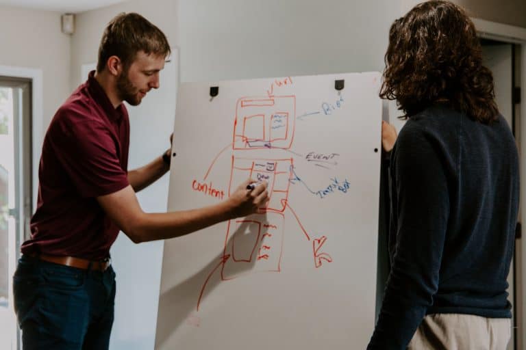 network marketing training on whiteboard. Man teaching