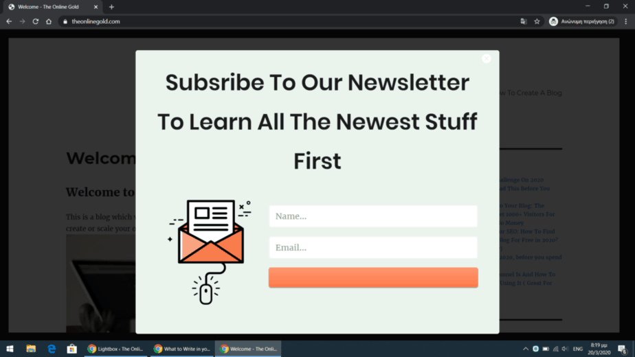 email newsletter pop up example