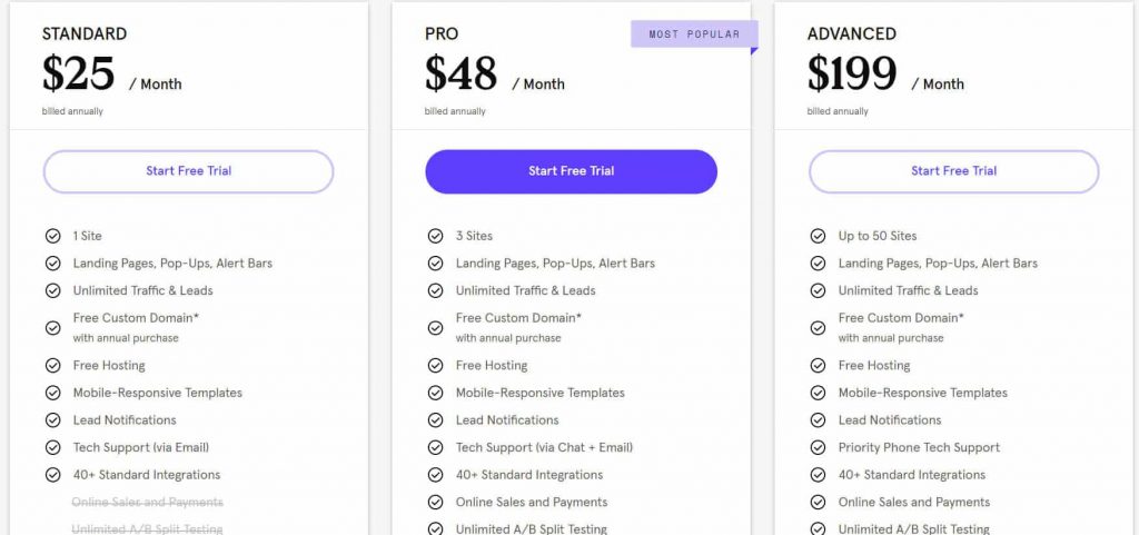 leadpages pricing table