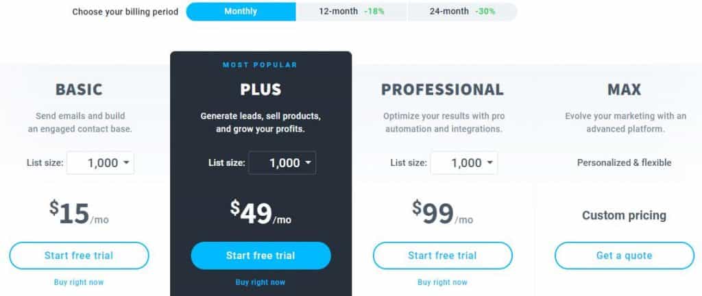 getresponce pricing table